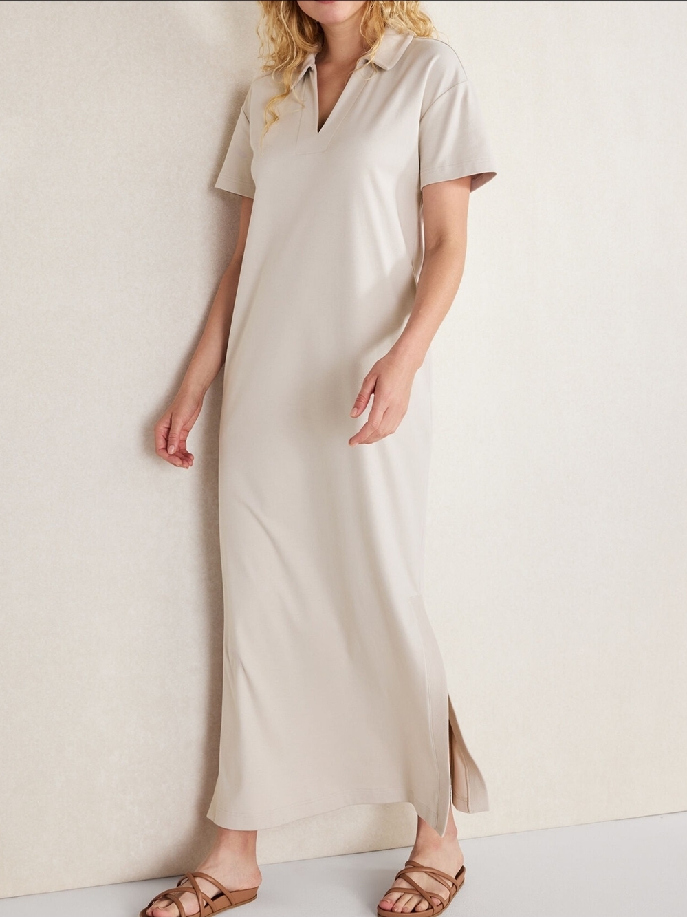 Haven Well Within Womens Beige Collared Knit Shirt Maxi Dress Short Sleeve M